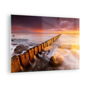 Obraz na skle - Západ slnka nad morom s dreveným vlnolamom - 70x50cm - Jemnosť vĺn - Moderná nástenná dekorácia do obývacej izby a spálne ARTTOR