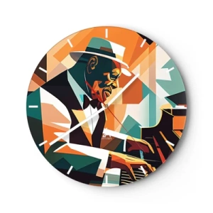 Nástenné hodiny - Džezový hudobník za klavírom v geometrickom štýle - 30x30cm - Celý tento jazz - Moderná nástenná dekorácia do obývacej izby, kuchyne a spálne ARTTOR