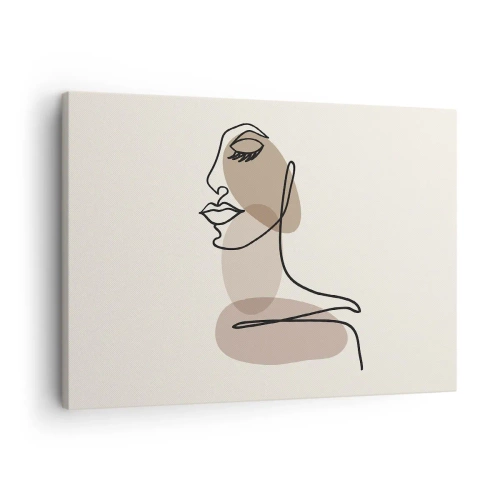 Obraz na plátne - Minimalistická ženská tvár s abstraktnými škvrnami - 70x50cm - Pri počúvaní samého seba - Moderná nástenná dekorácia do obývacej izby a spálne ARTTOR