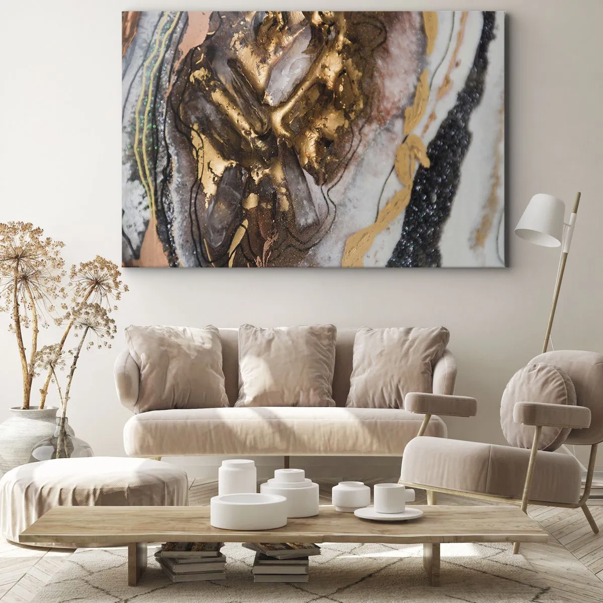 Obraz na plátne - Abstraktná kompozícia s prvkami zlata a kryštálov - 70x50cm - Prvok krajiny - Moderná nástenná dekorácia do obývacej izby a spálne ARTTOR