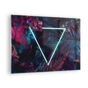 Obraz na skle - Neónový trojuholník obklopený tropickými rastlinami v odtieňoch ružovej a modrej. - 70x50cm - Záhrada v disco štýle - Moderná nástenná dekorácia do obývacej izby a spálne ARTTOR