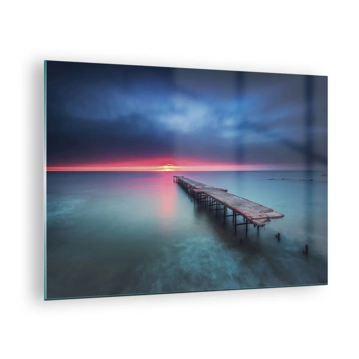 Obraz na skle - Mólo vedúce k zapadajúcemu slnku - 70x50cm - Medzi nebom a zemou - Moderná nástenná dekorácia do obývacej izby a spálne ARTTOR