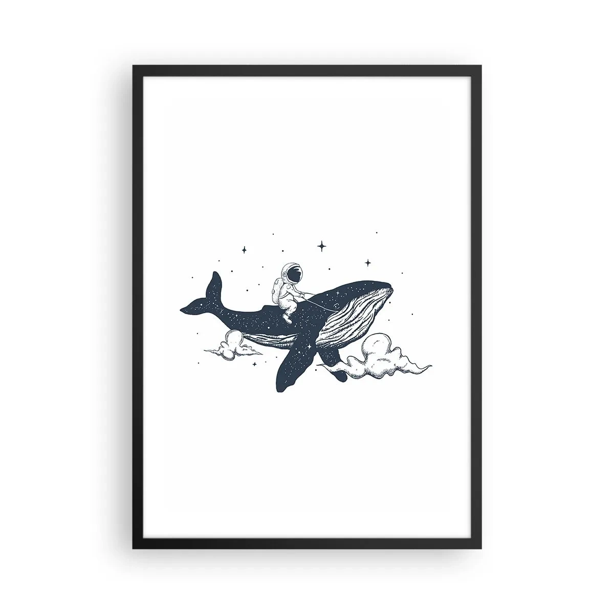 Plagát v čiernom ráme - Farebná ilustrácia vesmírnej rakety letiacej medzi hviezdami. - 50x70cm - Vesmírne dobrodružstvo - Moderná nástenná dekorácia do obývacej izby a spálne ARTTOR