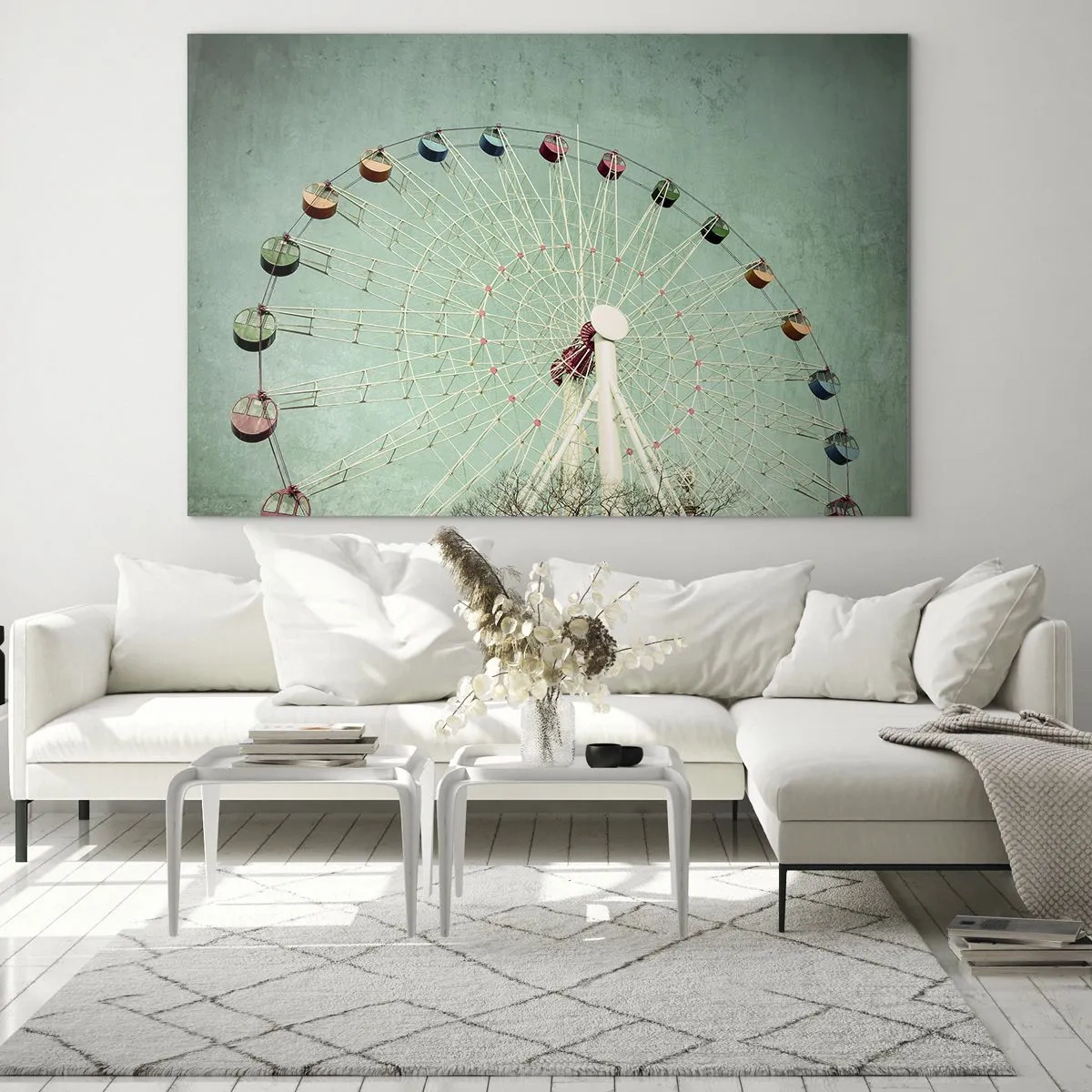 Obraz na skle - Farebné ruské koleso na pastelovo zelenom pozadí - 70x50cm - Pozývame vás na zábavu - Moderná nástenná dekorácia do obývacej izby a spálne ARTTOR