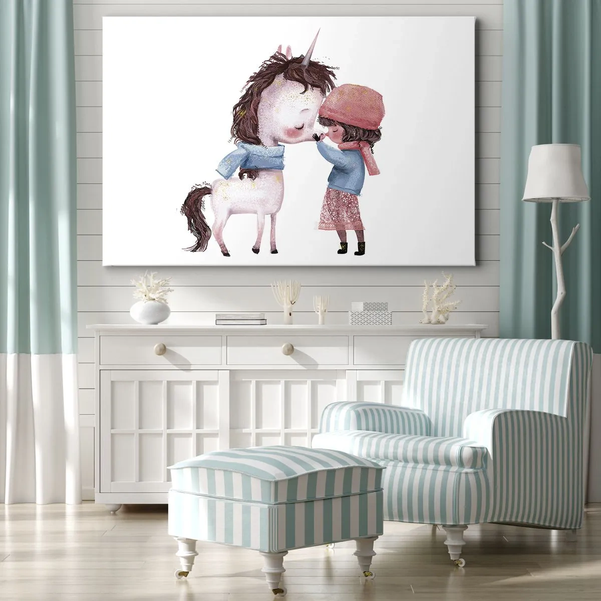 Obraz na plátne - Dievča a jednorožec v zimnej krajine - 70x50cm - Zimný príbeh - Moderná nástenná dekorácia do obývacej izby a spálne ARTTOR