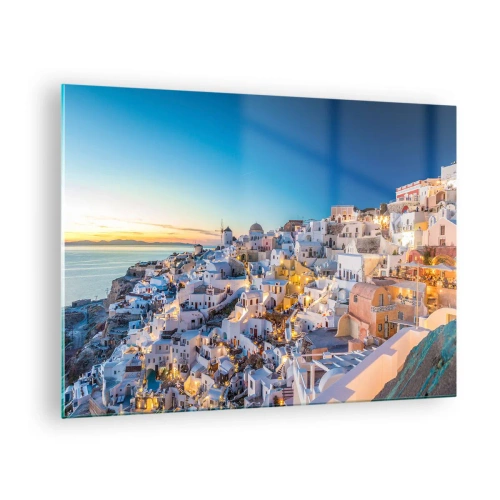 Obraz na skle - Panoráma Santorini pri západe slnka - 70x50cm - Esencia Grécka - Moderná nástenná dekorácia do obývacej izby a spálne ARTTOR