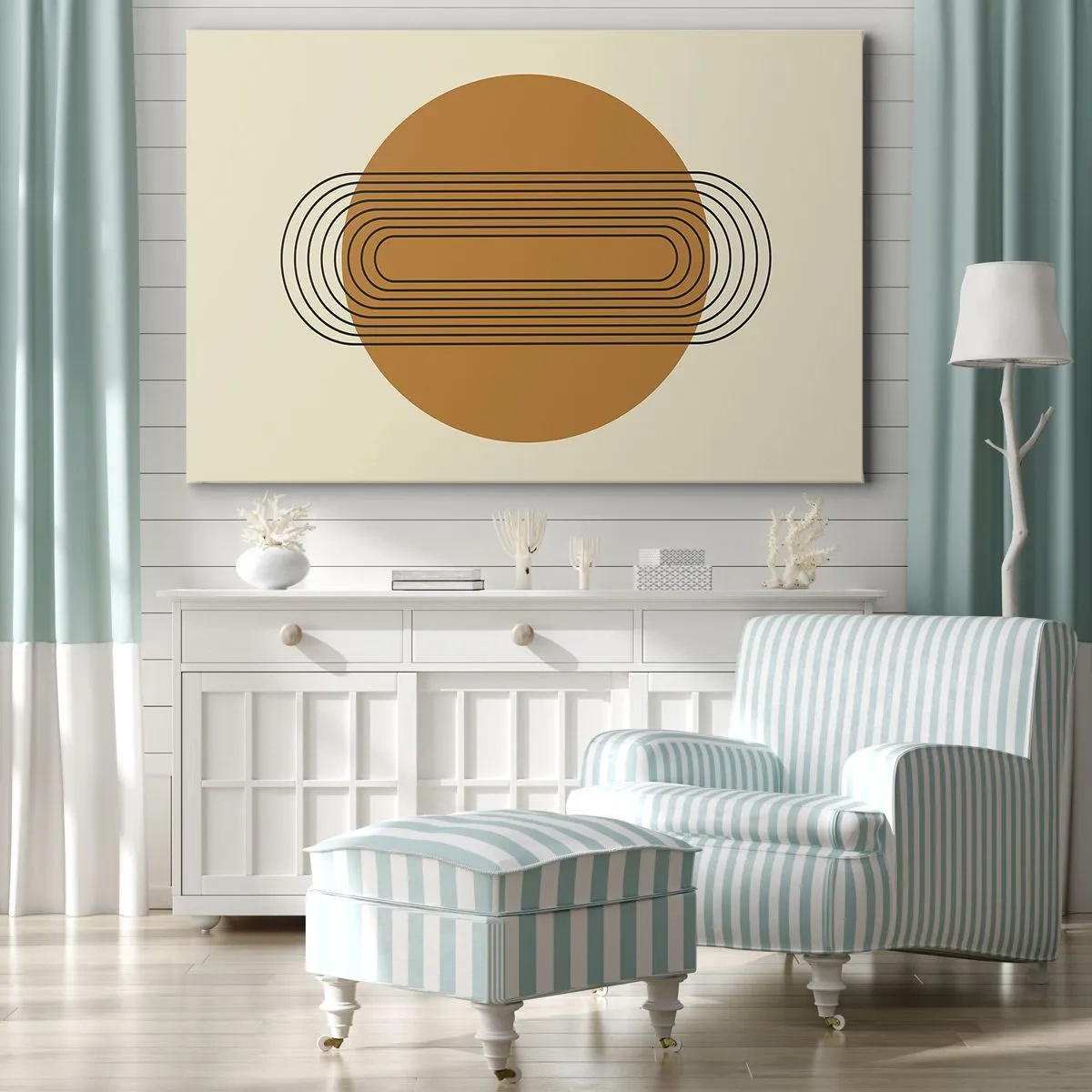 Obraz na plátne - Geometrický vzor s oranžovými kruhmi a čiarami - 70x50cm - Dokonalý plán - Moderná nástenná dekorácia do obývacej izby a spálne ARTTOR
