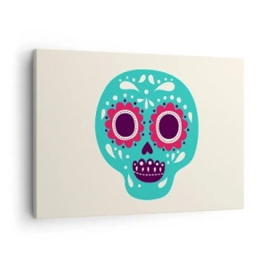 Obraz na plátne - Tyrkysovo-fialová cukrová lebka inšpirovaná mexickou kultúrou - 70x50cm - Život – zábava až do smrti - Moderná nástenná dekorácia do obývacej izby a spálne ARTTOR