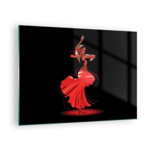 Obraz na skle - Flamenco tanečnica v červených šatách na čiernom pozadí - 70x50cm - Horúca duša flamenco - Moderná nástenná dekorácia do obývacej izby a spálne ARTTOR