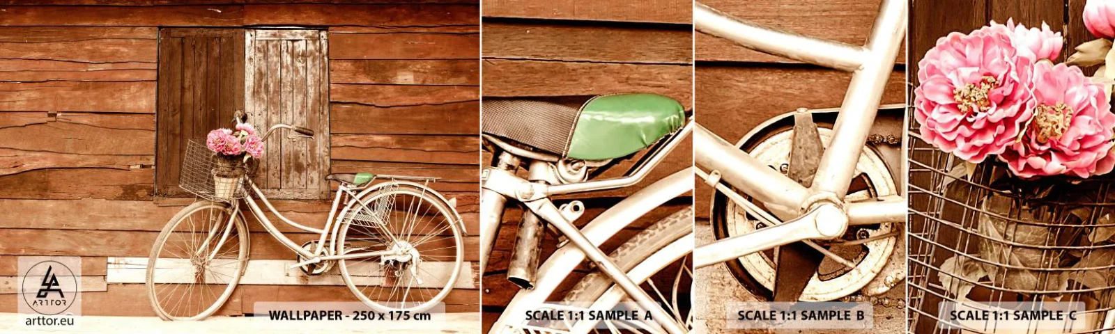 Vzorka Fototapeta Standard Eco - Hneď sa vrátim - Bicykel, Kvety, Drevený dom - 100x30 cm