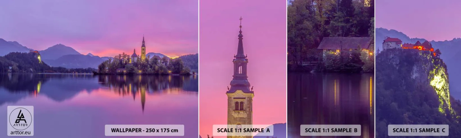 Vzorka Fototapeta Standard Eco - Rozprávkový ostrov za súmraku  - Krajina, Slovinsko, Ostrov Bled - 100x30 cm