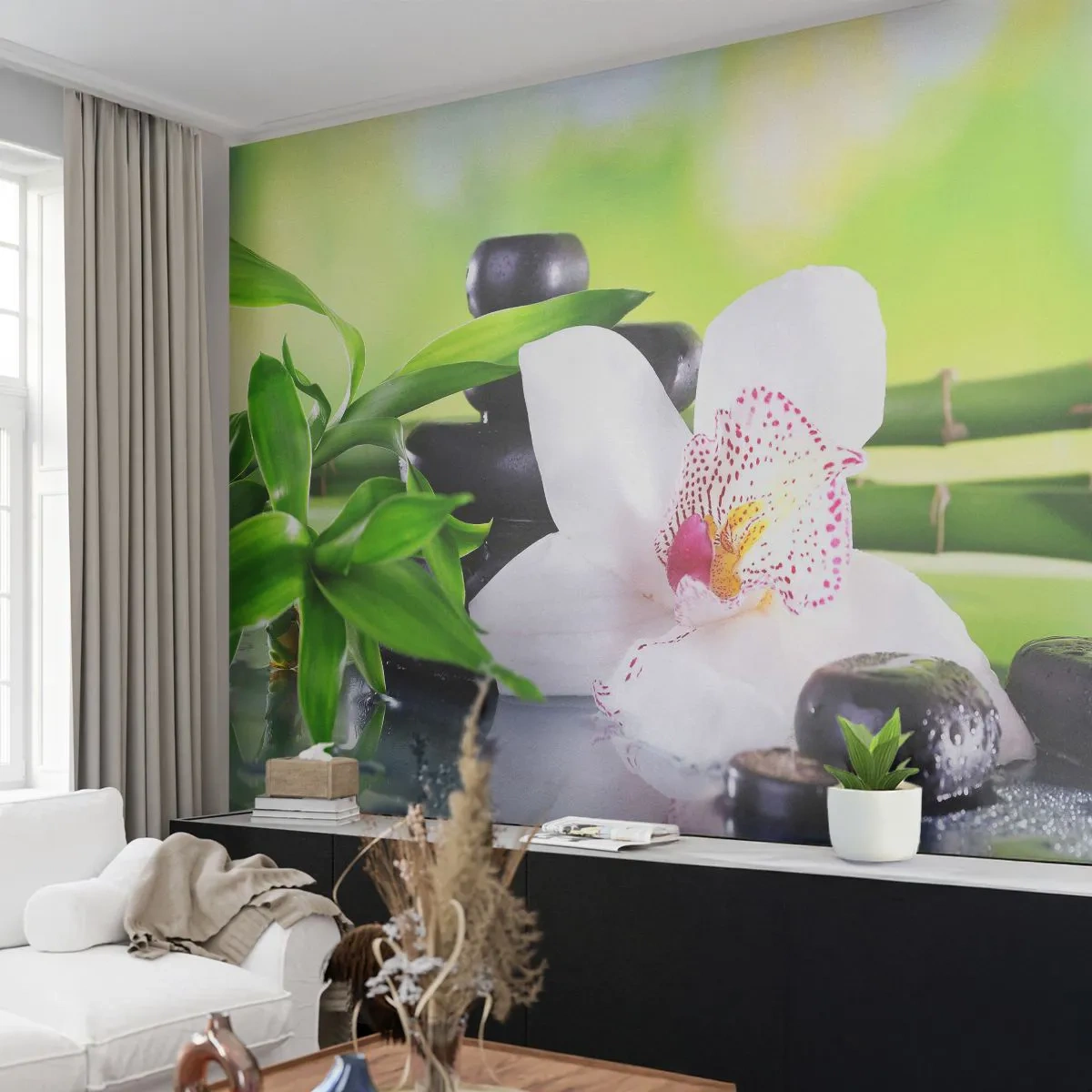 Samolepiaca Fototapeta Deluxe Sticker - Chladná sviežosť - Bambus, Kvetina, Orchidea - 250x175 cm