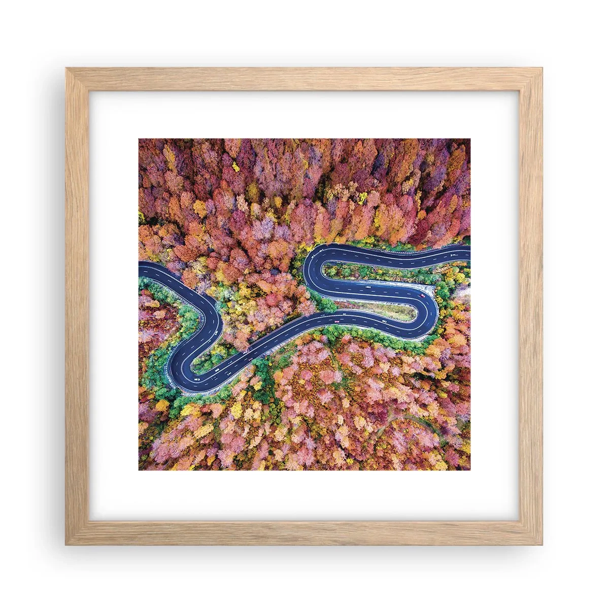 Plagát v ráme zo svetlého duba - Kľukatá cesta lesom - 30x30 cm
