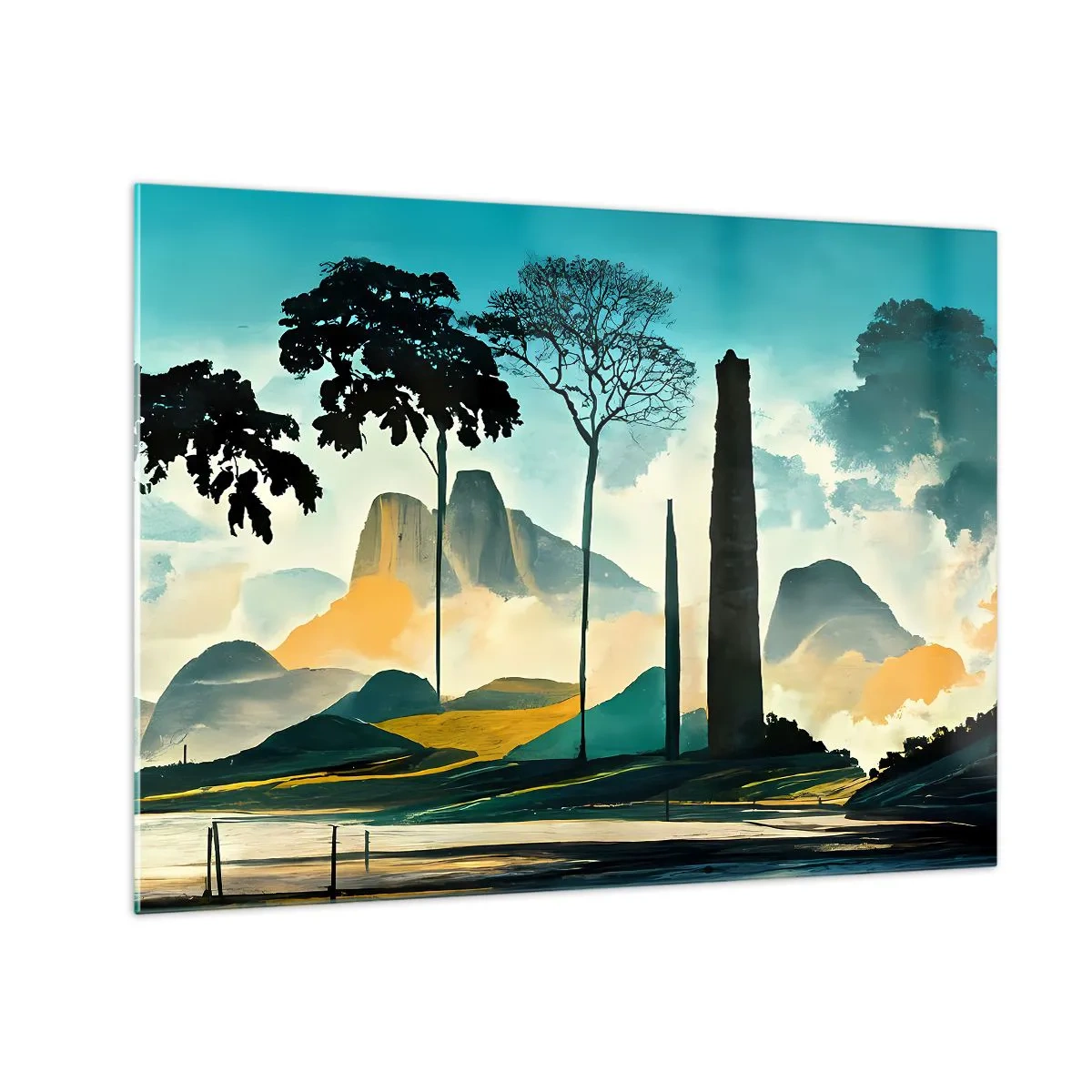 Obraz na skle - Fantastická krajina s horami, stromami a týčiacou sa skalou - 70x50cm - Vyššie a vyššie - Moderná nástenná dekorácia do obývacej izby a spálne ARTTOR