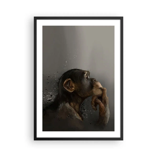 Plagát v čiernom ráme - Portrét premýšľajúcej opice v jemných sivých tónoch s abstraktným pozadím - 50x70cm - Určite mysliteľ - Moderná nástenná dekorácia do obývacej izby a spálne ARTTOR