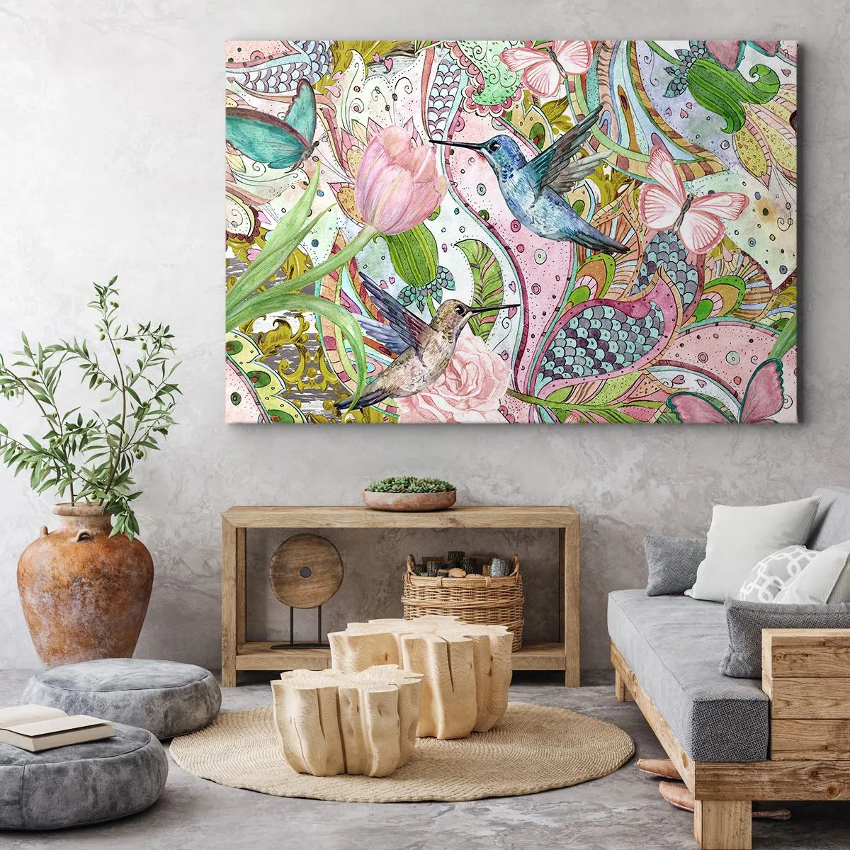 Obraz na plátne - Farebné kolibríky a motýle medzi rastlinami - 70x50cm - Zamotané do lián - Moderná nástenná dekorácia do obývacej izby a spálne ARTTOR