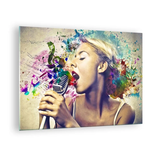 Obraz na skle - Farebná kompozícia ženy spievajúcej do mikrofónu. - 70x50cm - Pomaľovať hlasom svet - Moderná nástenná dekorácia do obývacej izby a spálne ARTTOR