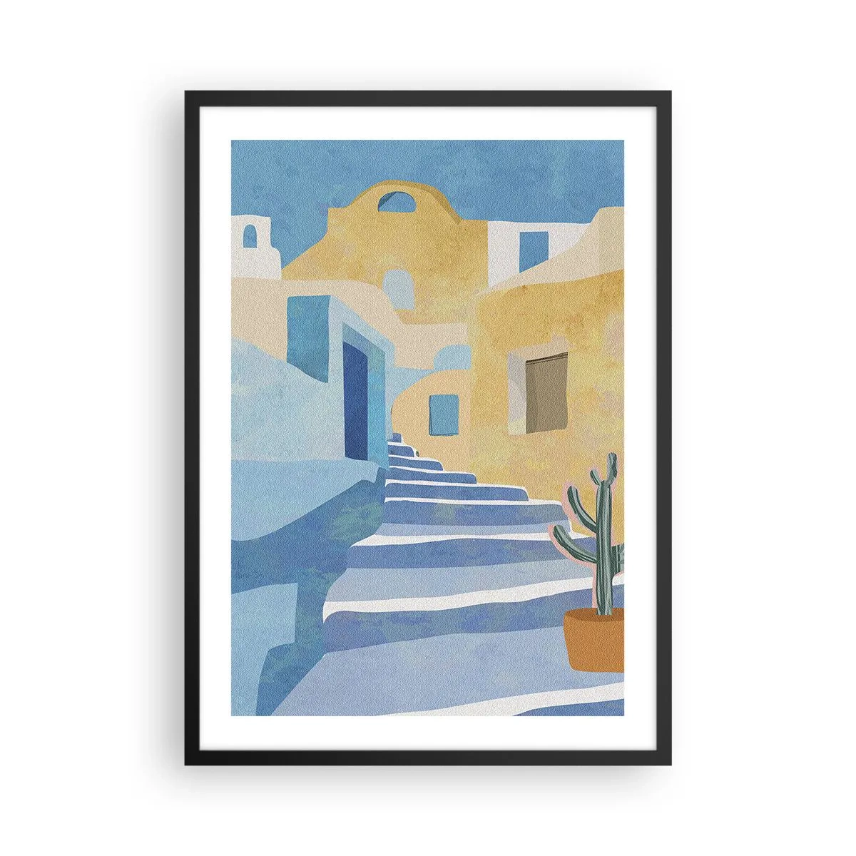 Plagát v čiernom ráme - Stredomorská architektúra v pastelových farbách - 50x70cm - Deň v arabskom meste - Moderná nástenná dekorácia do obývacej izby a spálne ARTTOR