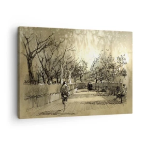 Obraz na plátne - Kreslená scéna parku s ľuďmi kráčajúcimi v teplých tónoch. - 70x50cm - Pierkom zastavený okamih - Moderná nástenná dekorácia do obývacej izby a spálne ARTTOR