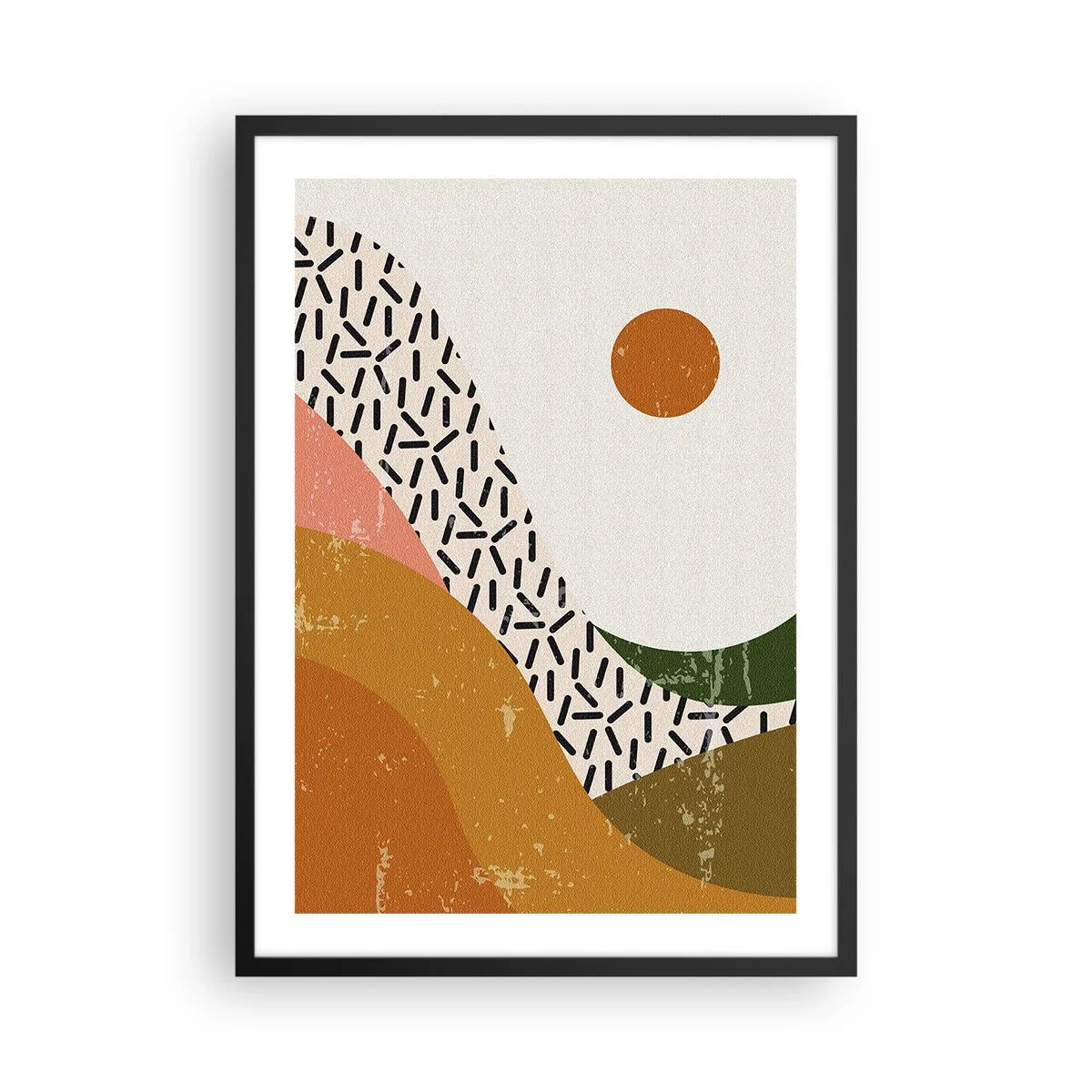 Plagát v čiernom ráme - Abstraktná krajina v teplých farbách - 50x70cm - Slnečná abstrakcia - Moderná nástenná dekorácia do obývacej izby a spálne ARTTOR