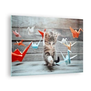 Obraz na skle - Mačka sa hrá s farebnými origami žeriavmi - 70x50cm - Prvá lekcia - Moderná nástenná dekorácia do obývacej izby a spálne ARTTOR