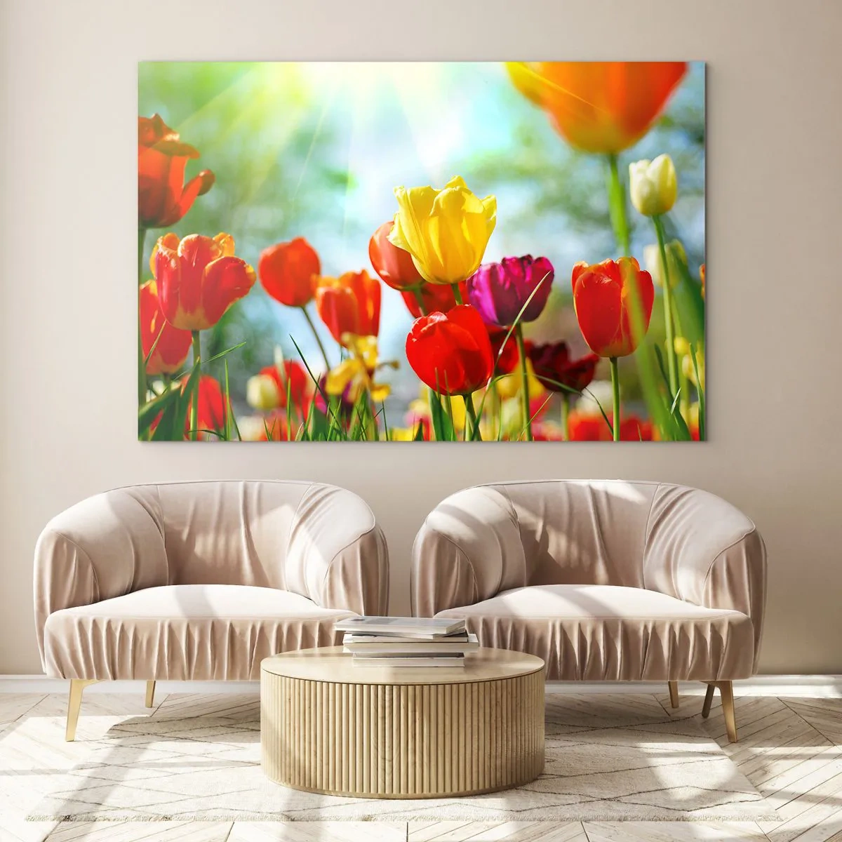 Obraz na skle - Farebné tulipány osvetlené slnečnými lúčmi - 70x50cm - Všetky farby slnka - Moderná nástenná dekorácia do obývacej izby a spálne ARTTOR