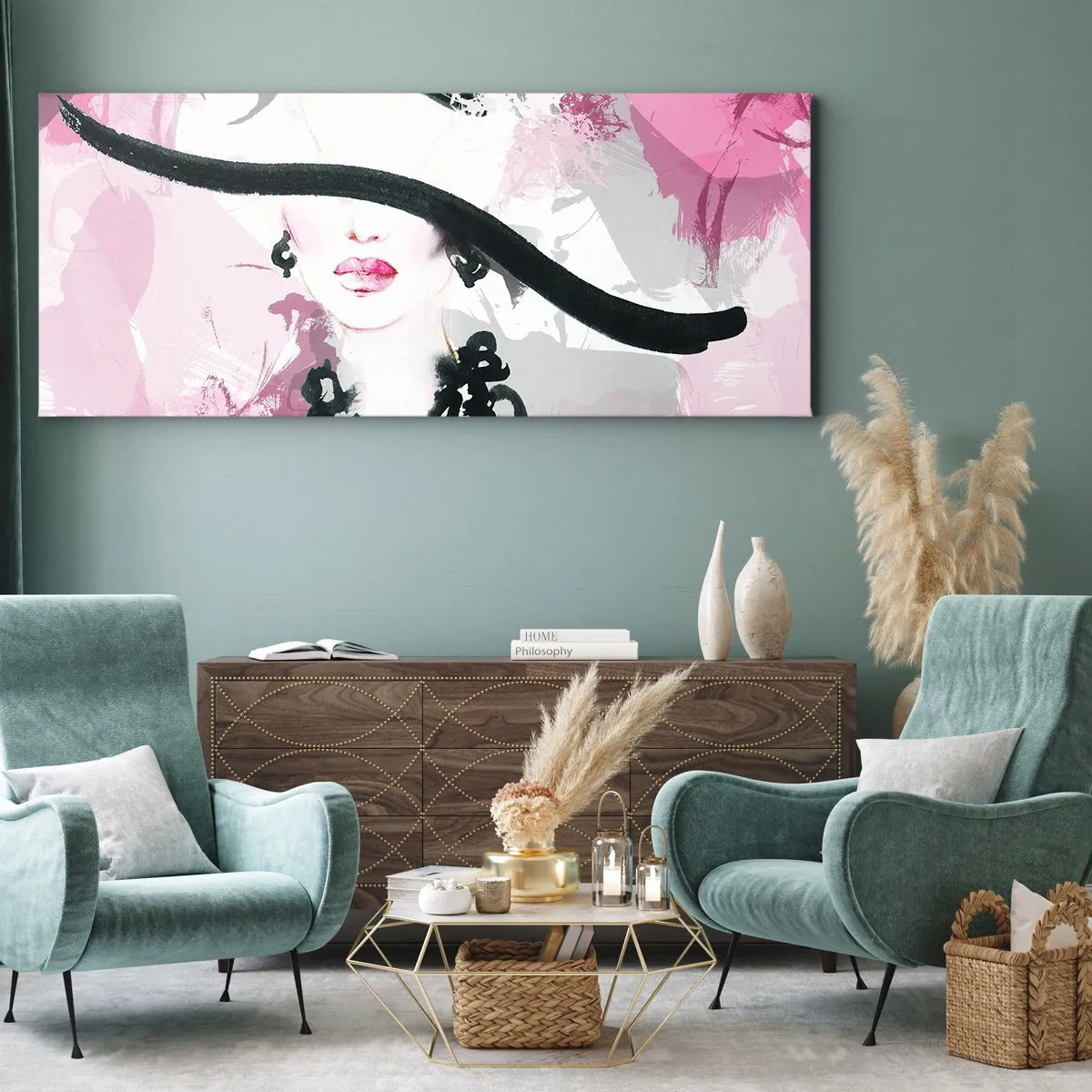 Obraz na plátne - Portrét dámy v čiernej a ružovej - 100x40 cm