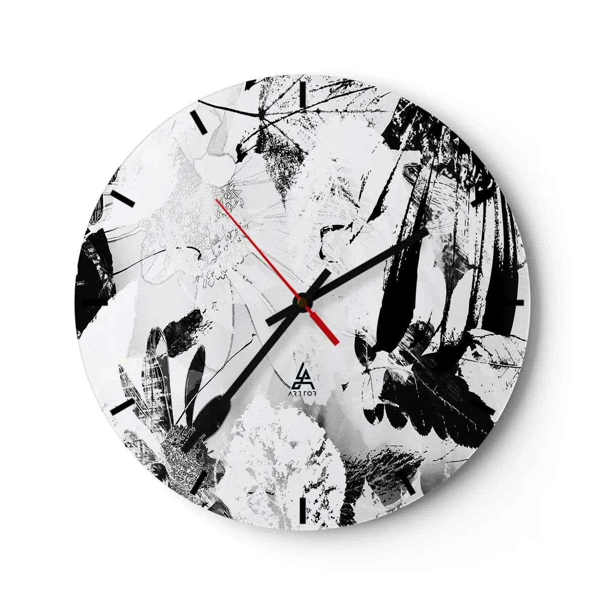 Nástenné hodiny - Čiernobiely kvetinový a listový vzor v umeleckom štýle - 30x30cm - Jeseň v negatíve - Moderná nástenná dekorácia do obývacej izby, kuchyne a spálne ARTTOR