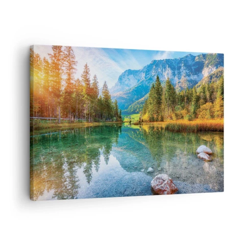 Obraz na plátne - Malebné jazero obklopené horami a lesmi - 70x50cm - Nežnosť jesene - Moderná nástenná dekorácia do obývacej izby a spálne ARTTOR