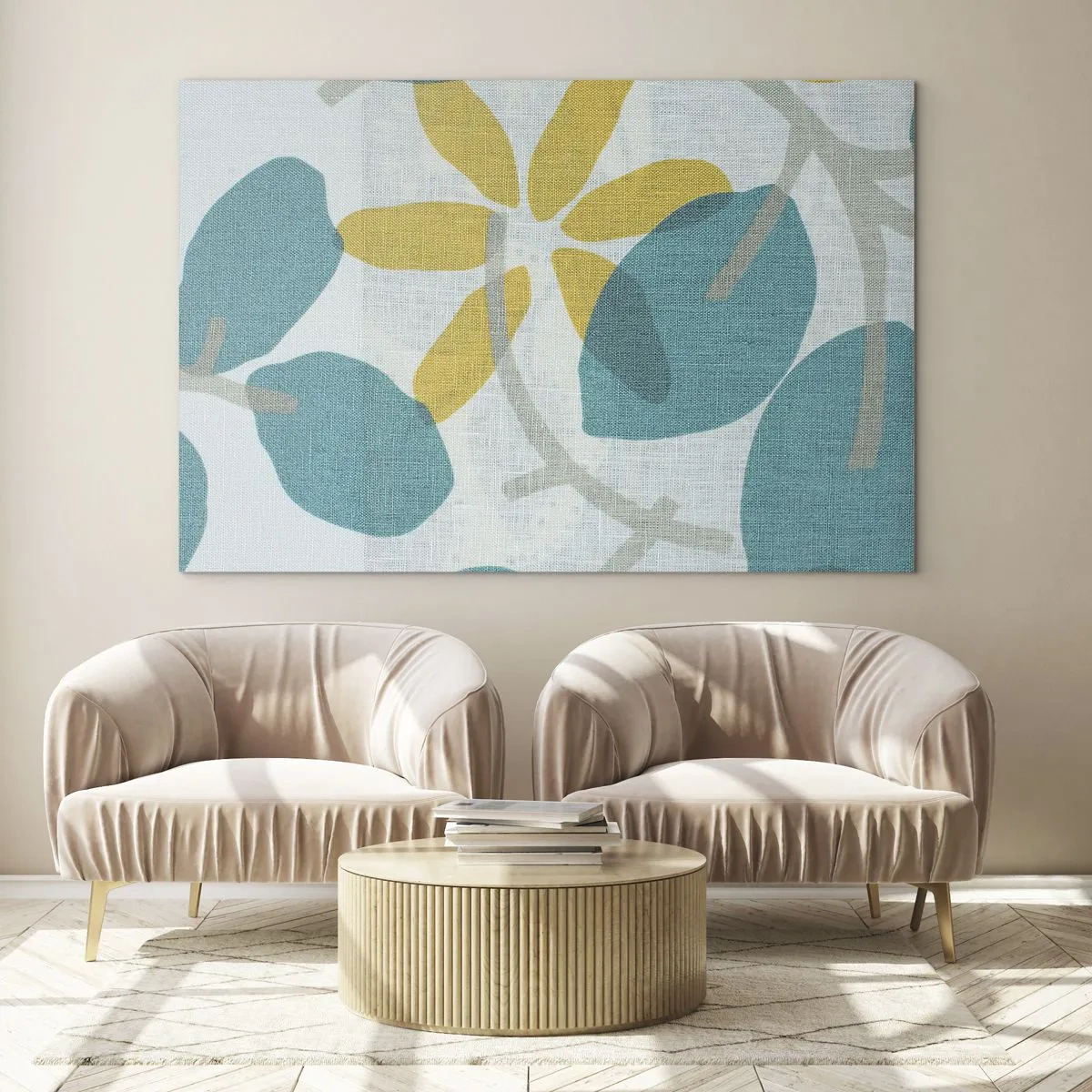 Obraz na skle - Grafika rastliny s azúrovými listami a žltými kvetmi - 70x50cm - Medzi azúrovými listami - Moderná nástenná dekorácia do obývacej izby a spálne ARTTOR