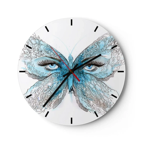 Nástenné hodiny - Modrý motýľ s detailom oka a jemným umeleckým vzorom - 30x30cm - Sýkorka modrinka eros - Moderná nástenná dekorácia do obývacej izby, kuchyne a spálne ARTTOR