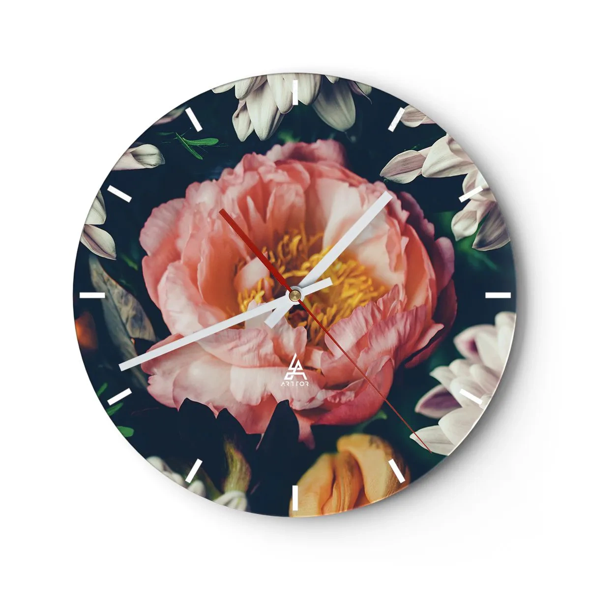 Nástenné hodiny - Detailný záber na ružový kvet pivonky obklopený inými kvetmi - 30x30cm - S barokovým prepychom - Moderná nástenná dekorácia do obývacej izby, kuchyne a spálne ARTTOR