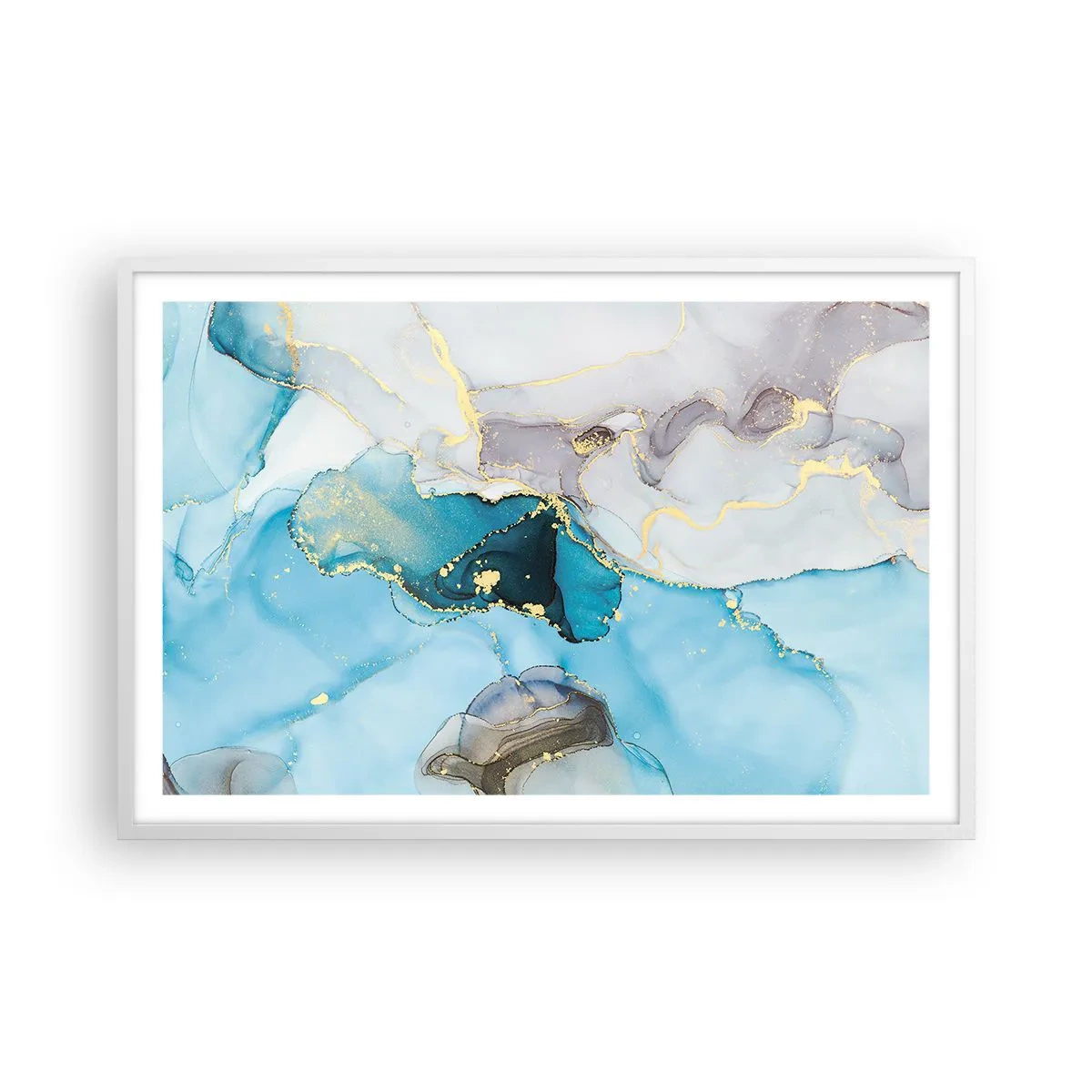 Plagát v bielom ráme - Štúdia o stretnutí šedej a tyrkysovej - 91x61 cm