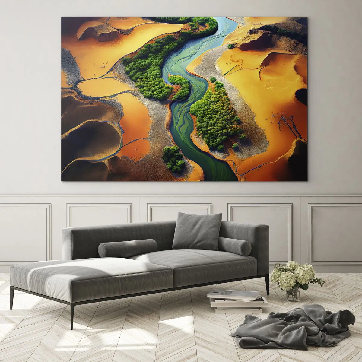 Obraz na skle - Zelené oázy a rieka medzi oranžovými dunami - 70x50cm - Životodarná rieka - Moderná nástenná dekorácia do obývacej izby a spálne ARTTOR