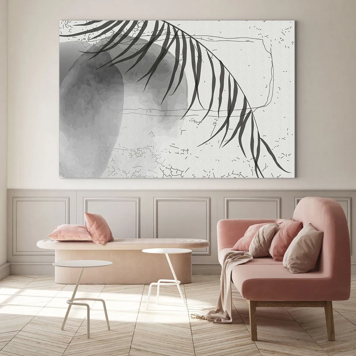 Obraz na skle - Čiernobiela grafika tieňa palmového listu - 70x50cm - Subtílna exotika prírody - Moderná nástenná dekorácia do obývacej izby a spálne ARTTOR