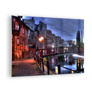 Obraz na skle - Očarujúca ulica pozdĺž kanála s mostom a večerným osvetlením - 70x50cm - Takú Bydgoszcz si nepoznal - Moderná nástenná dekorácia do obývacej izby a spálne ARTTOR