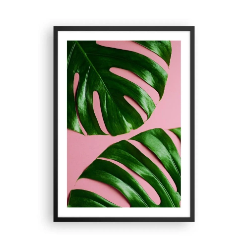 Plagát v čiernom ráme - Listy monstery na ružovom pozadí v minimalistickom štýle - 50x70cm - Zelené rendez-vous - Moderná nástenná dekorácia do obývacej izby a spálne ARTTOR