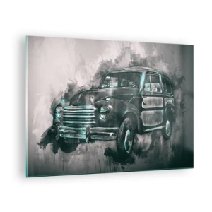 Obraz na skle - Staré auto v odtieňoch sivej a tyrkysovej - 70x50cm - Ctený predok - Moderná nástenná dekorácia do obývacej izby a spálne ARTTOR