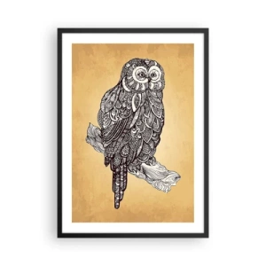 Plagát v čiernom ráme - Štylizovaná sova v ornamentálnom vzore na béžovom pozadí. - 50x70cm - Majstrovské ornamenty múdrosti - Moderná nástenná dekorácia do obývacej izby a spálne ARTTOR