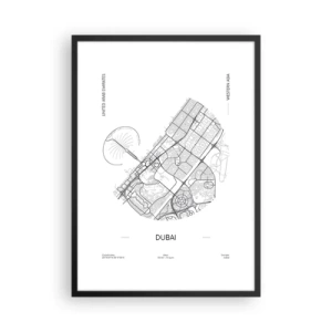 Plagát v čiernom ráme - Minimalistická čiernobiela mapa Dubaja - 50x70cm - Anatómia Dubaja - Moderná nástenná dekorácia do obývacej izby a spálne ARTTOR