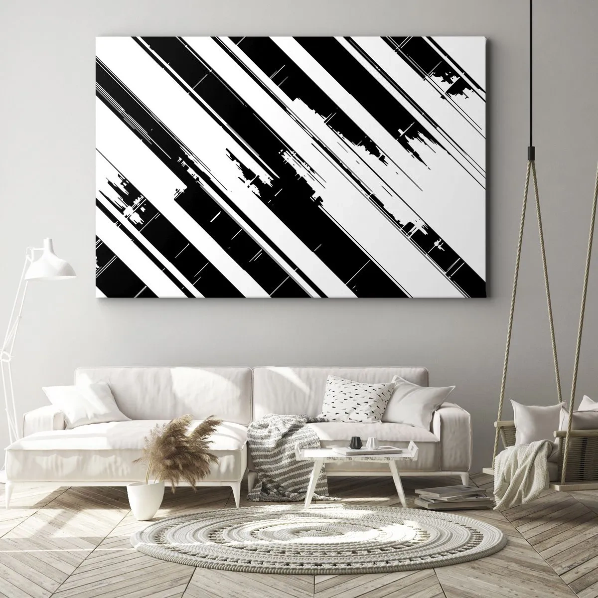 Obraz na plátne - Čiernobiele čiary a geometrické vzory v modernom štýle - 70x50cm - Intenzívna a dynamická kompozícia - Moderná nástenná dekorácia do obývacej izby a spálne ARTTOR