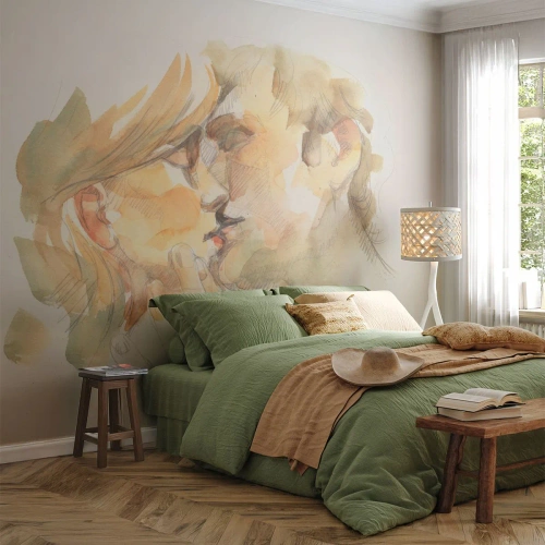 Fototapeta Standard Eco - Akvarelová ilustrácia bozkávajúceho sa páru v teplých tónoch. - 100x70cm - Nájdená polovica? - Moderná nástenná dekorácia do obývacej izby a spálne ARTTOR