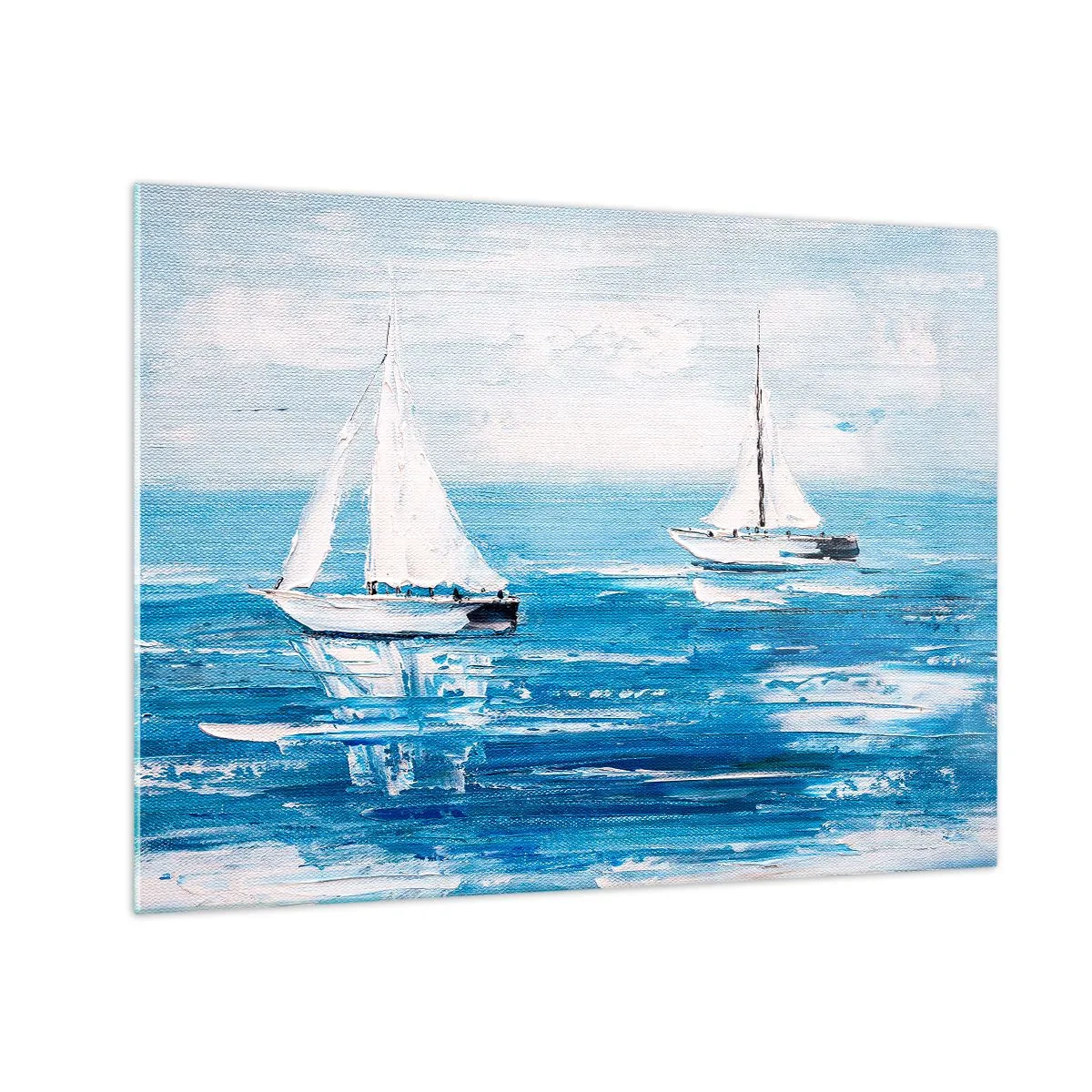 Obraz na skle - Dve biele plachetnice na pokojnom modrom mori - 70x50cm - S priateľom po boku - Moderná nástenná dekorácia do obývacej izby a spálne ARTTOR