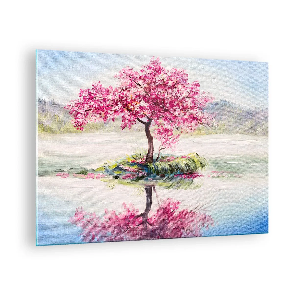 Obraz na skle - Ružový strom na ostrove odrážajúci sa v pokojnej vode - 70x50cm - Sviatok jari - Moderná nástenná dekorácia do obývacej izby a spálne ARTTOR