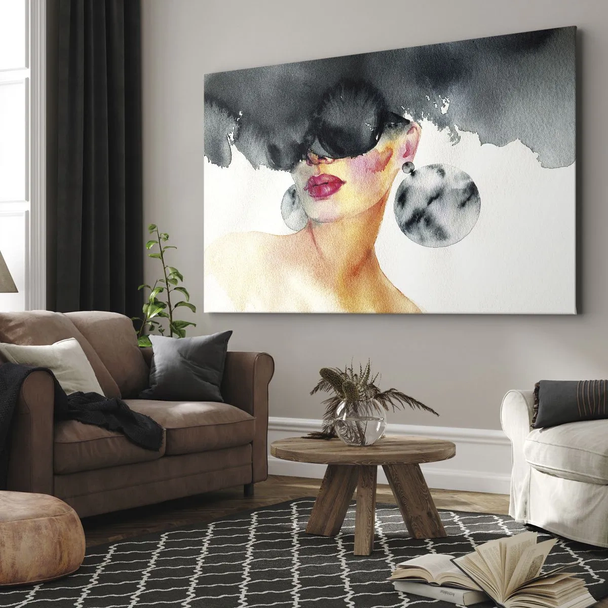 Obraz na plátne - Žena so štýlovými okuliarmi a veľkými náušnicami - 70x50cm - Tajomstvo elegancie - Moderná nástenná dekorácia do obývacej izby a spálne ARTTOR