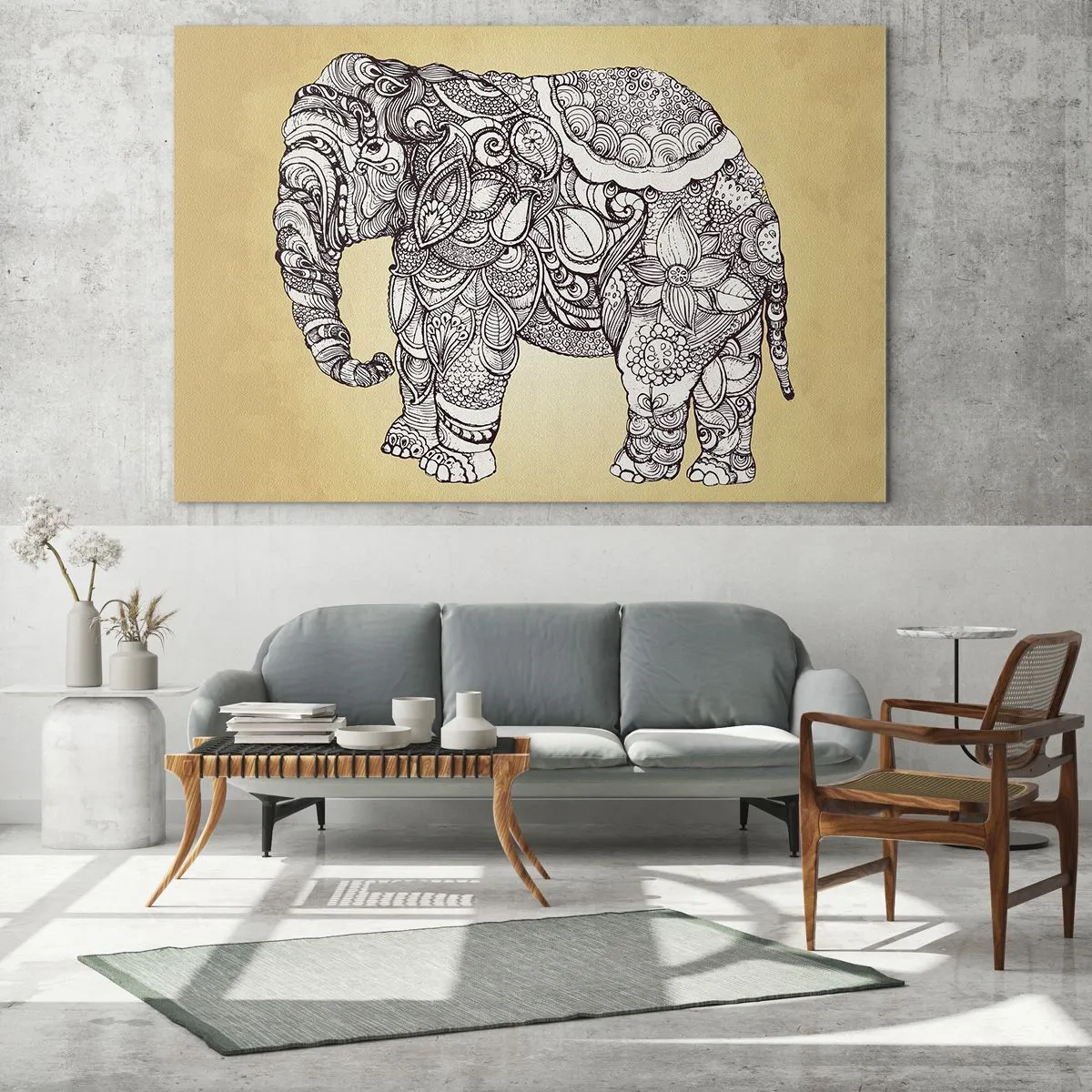 Obraz na skle - Čiernobiely slon s orientálnymi vzormi na béžovom pozadí - 70x50cm - Skrytý slon - Moderná nástenná dekorácia do obývacej izby a spálne ARTTOR