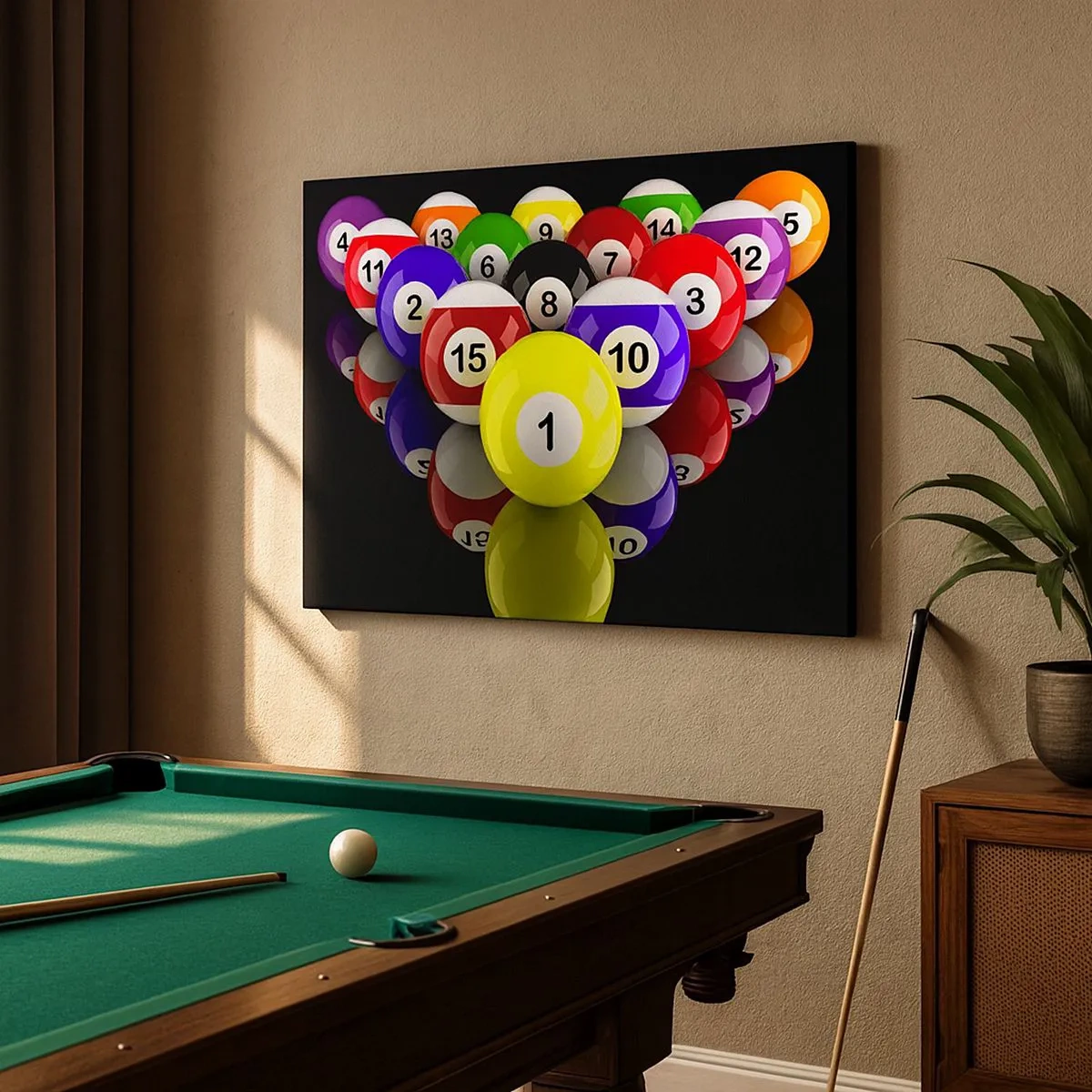 Obraz na plátne - Farebné biliardové gule usporiadané v trojuholníku na čiernom pozadí - 70x50cm - Rôzne farby hry - Moderná nástenná dekorácia do obývacej izby a spálne ARTTOR