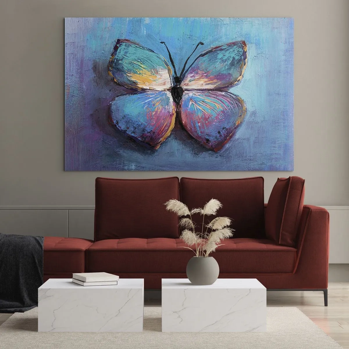 Obraz na skle - Farebný motýľ na pozadí abstraktných farieb v odtieňoch modrej a fialovej. - 70x50cm - V celej svojej kráse - Moderná nástenná dekorácia do obývacej izby a spálne ARTTOR