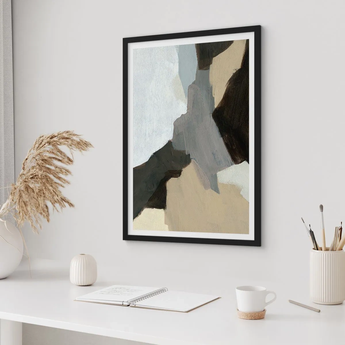 Plagát v čiernom ráme - Abstraktná kompozícia v tlmených farbách - 50x70cm - Abstrakcia: križovatka šedej - Moderná nástenná dekorácia do obývacej izby a spálne ARTTOR
