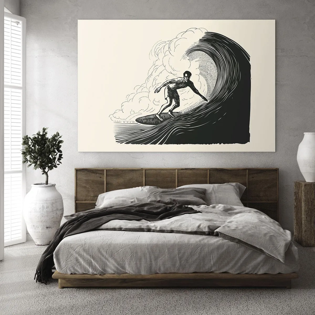 Obraz na skle - Surfer jazdiaci na vysokej vlne v retro štýle kreslenia - 70x50cm - Kráľ vĺn - Moderná nástenná dekorácia do obývacej izby a spálne ARTTOR